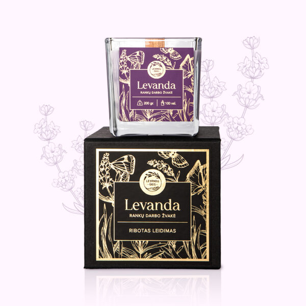 Levandų žvakė su medine dagtimi kvadratinė 200 g.